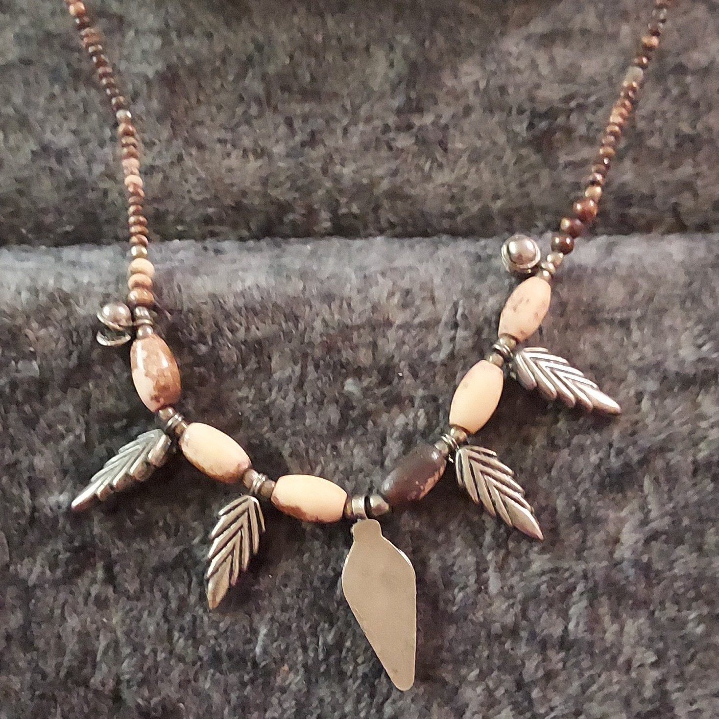 Brown Beaded Necklace w/ Silver Tone Leaf Charms, Metal Beads Hook Closure