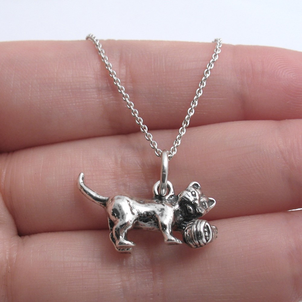 925 Sterling Silver 3D Cat Playing with Yarn Charm with Necklace