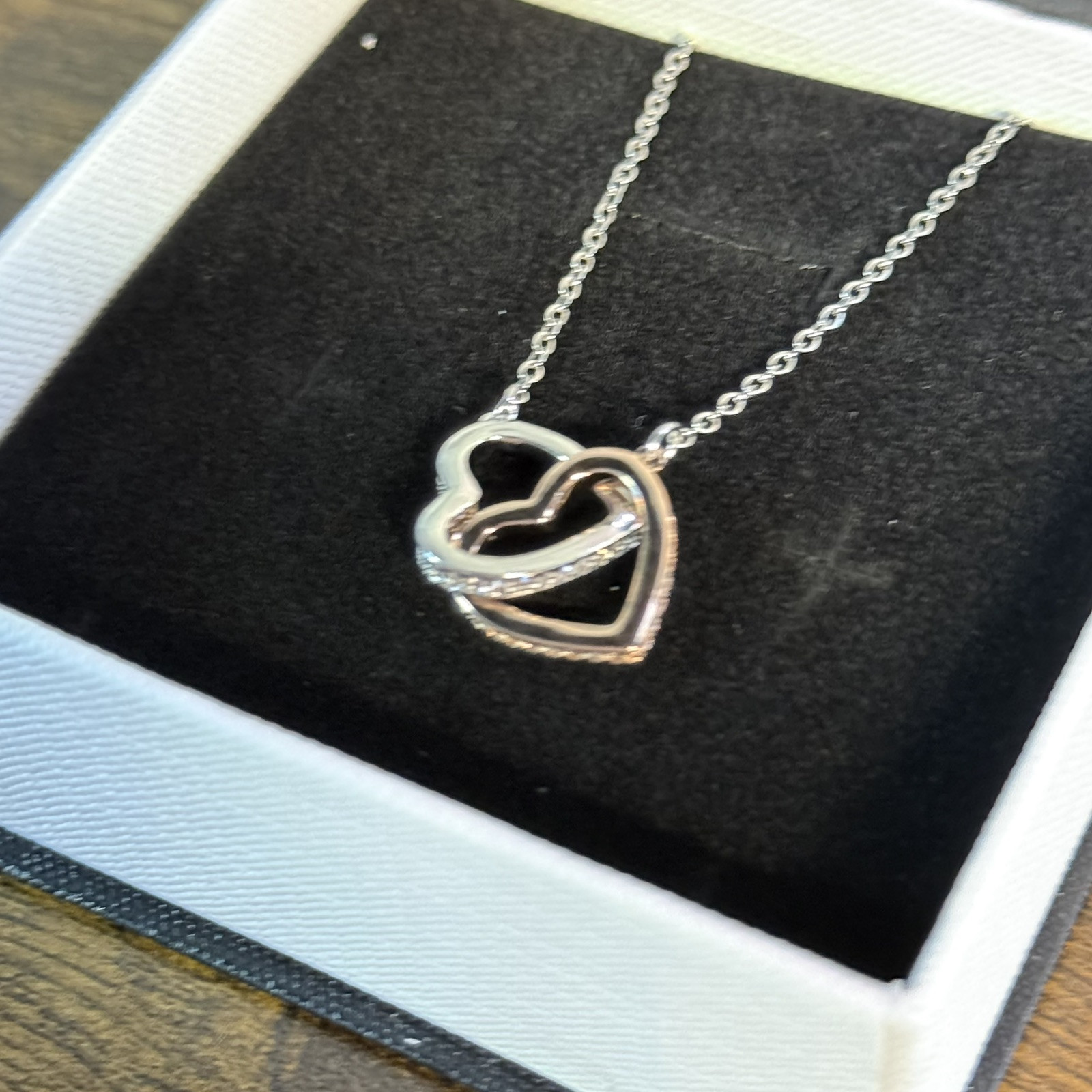 NEW – Linked Hearts Pendant Necklace Gift – Mixed Metals – Rhinestones