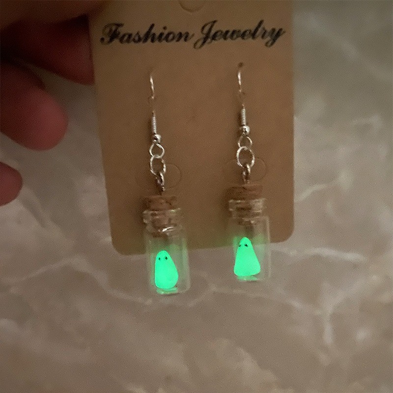 1P Ghost Earrings+1P Necklace Green Ghost In A Bottle Glow in The Dark Halloween
