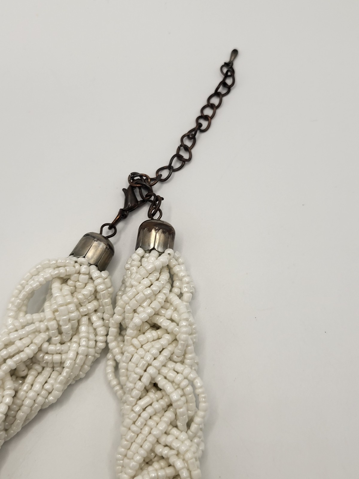 Hand Crafted White Braided Beaded Chunky Necklace Multiple Strands 24″ Adjust