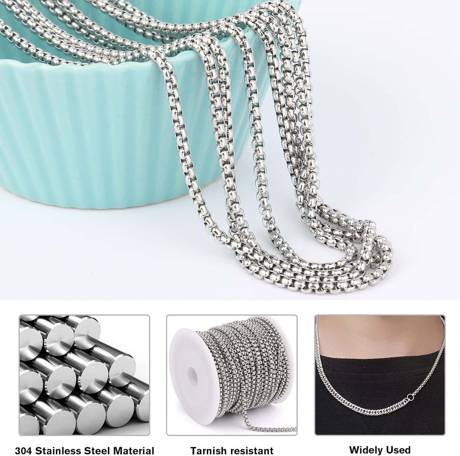 33 Feet Stainless Steel Rolo Box Chain, 3mm Wide 304 Stainless Steel Round Rolo