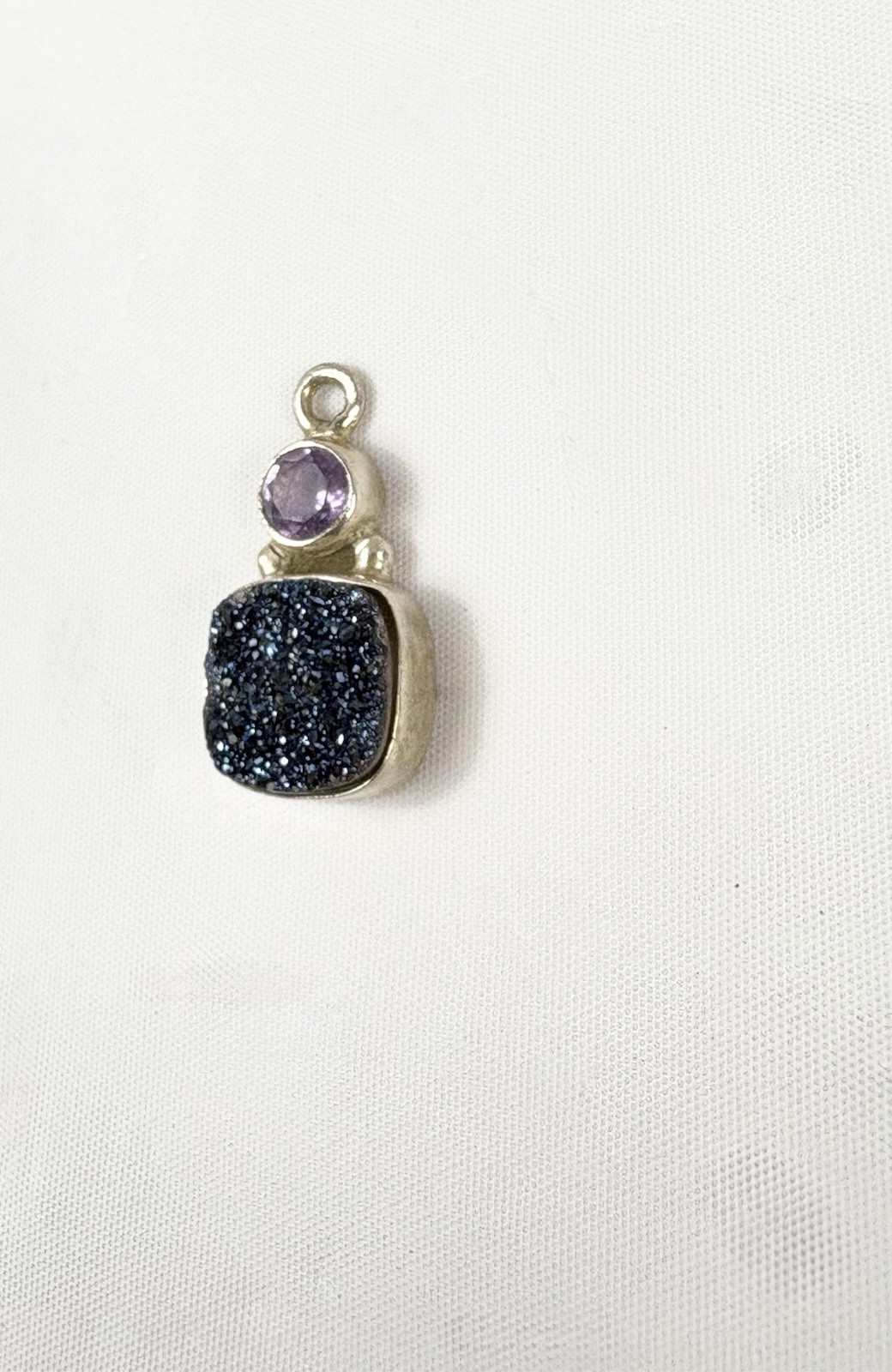 Stamped 925 Silver Blue Druzy Quartz & Light Purple Stone Pendant Made In India