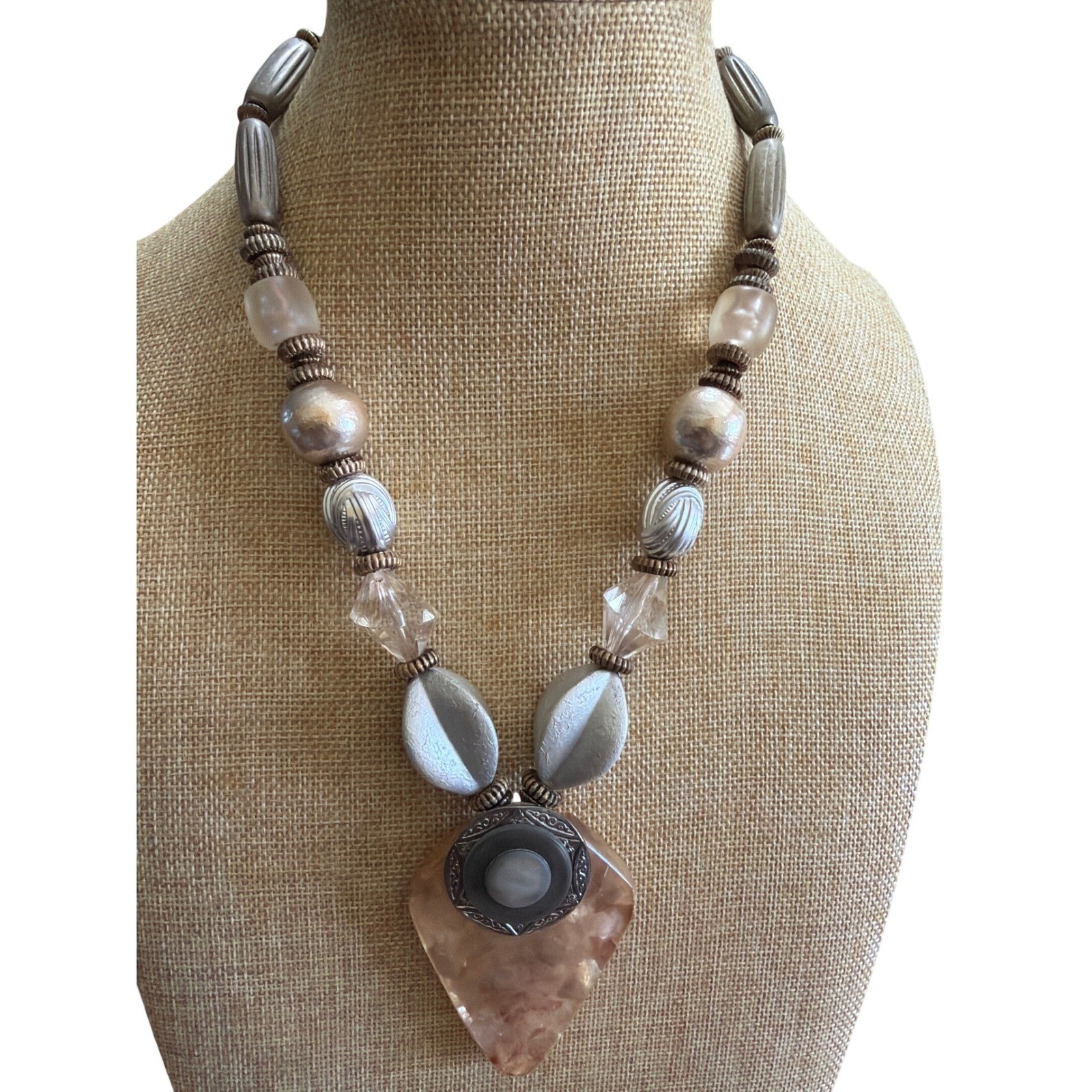 Mixed Media Chunky Statement Necklace Silver Tone Resin Pendant Boho Artsy