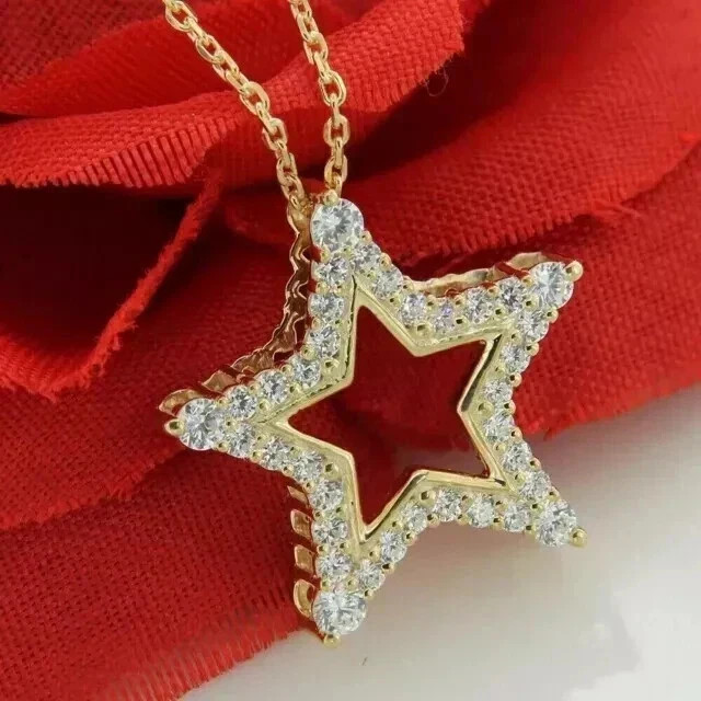 1Ct Simulated Round Cut Diamond Star Pendant Necklace 14K Yellow Gold Plated