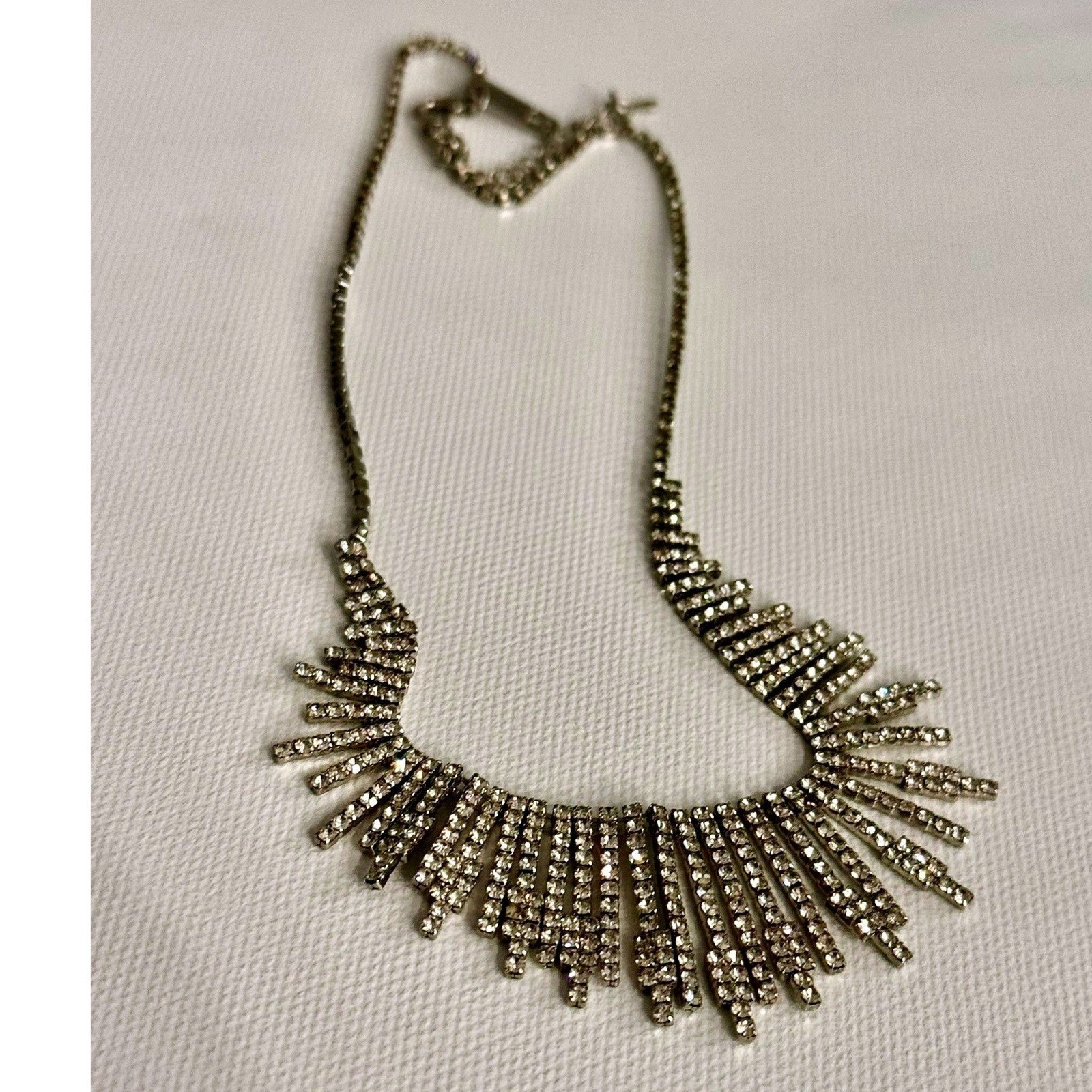 INC International Concepts Silver Tone Rhinestone Fringe Statement Necklace Glam