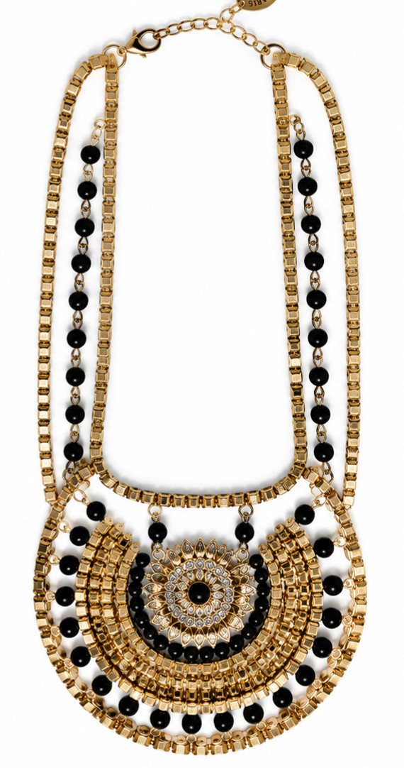 Statement Gold Tone Black Beaded Bib Necklace Rhinestone Medallion Boho