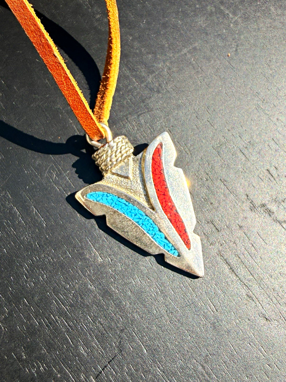 Silver Arrowhead Necklace Pendant Turquoise /Coral Inlay Brown