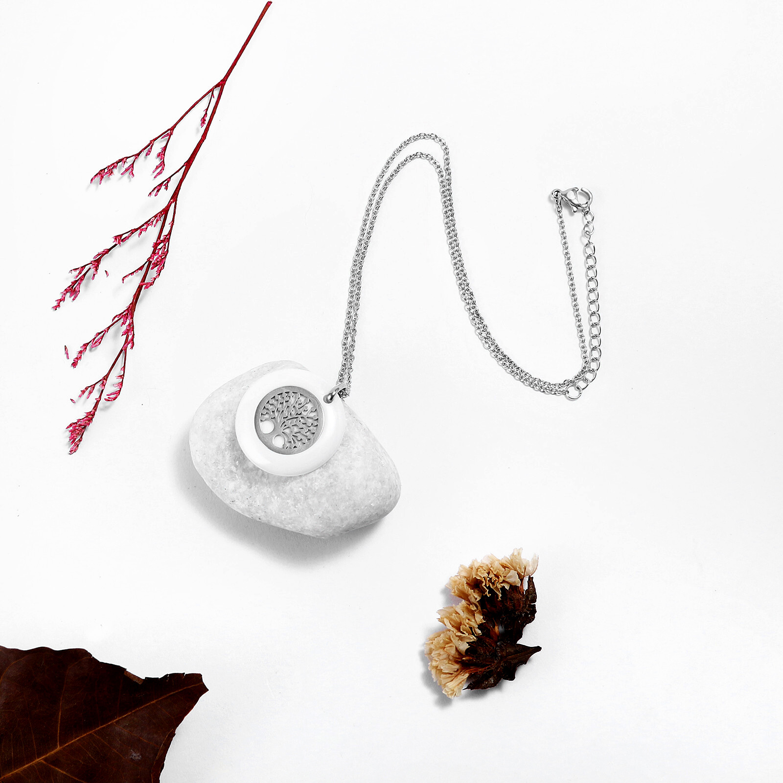 Womens Dainty Stainless Steel Ceramic Round Family Tree of Life Pendant Necklace