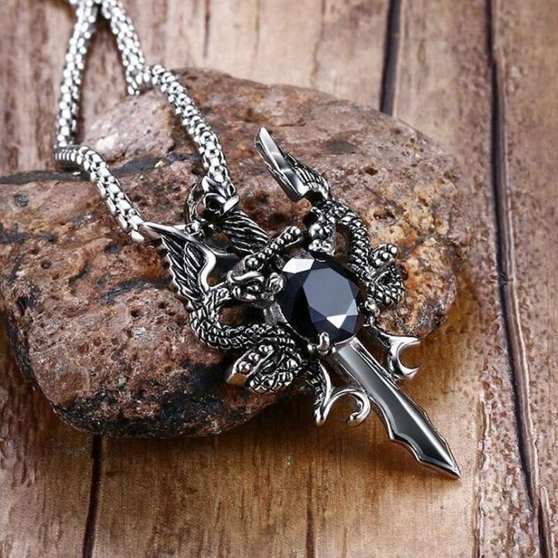 Men’s Fashion Jewelry Gothic Silver Double Dragon Sword Pendant Necklace 1-93