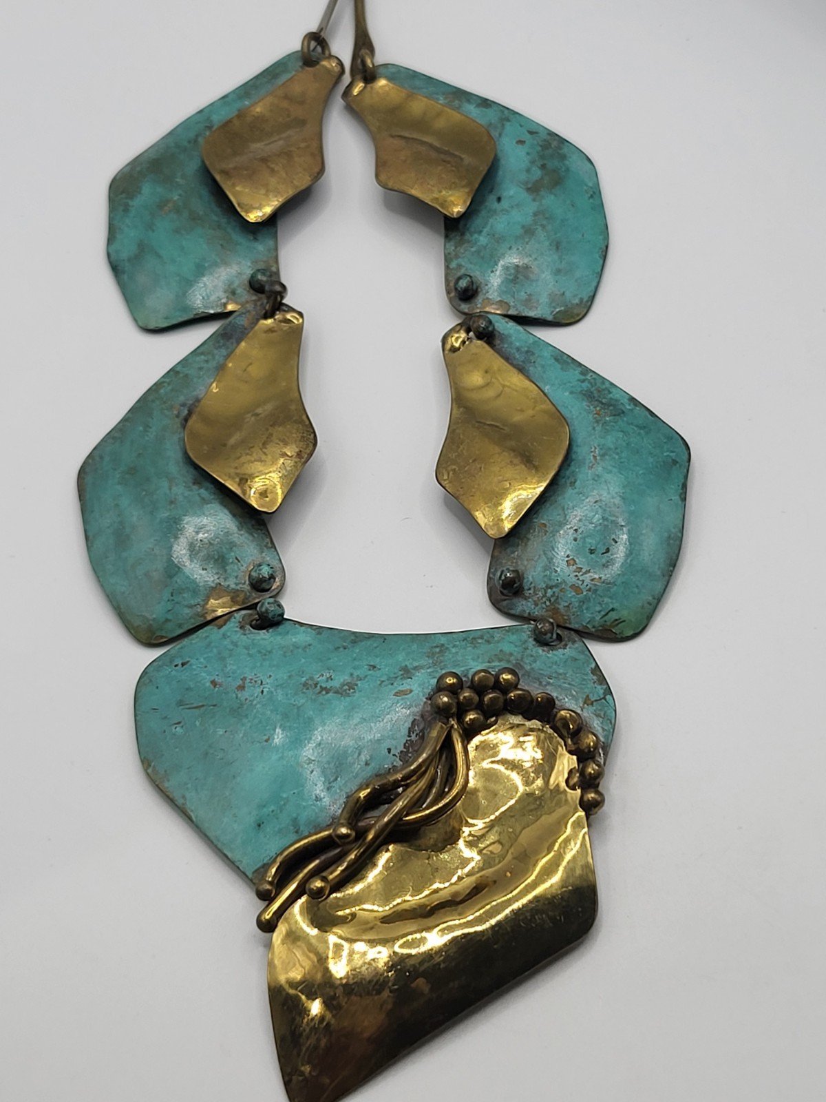 Signed Artisanal Mixed-Metal Bib Necklace Textured Verdigris Patina Gold Tone