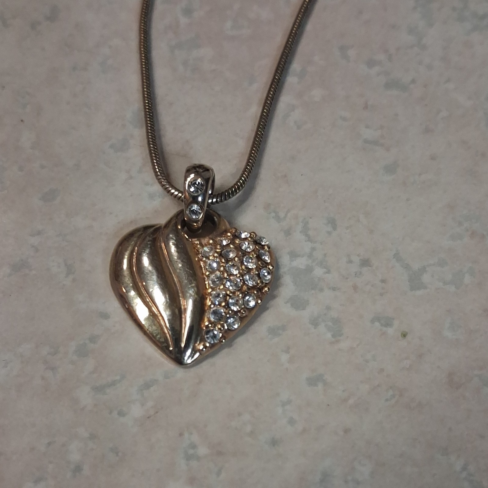 Silver Tone Heart Charm Pendant Necklace w/ Clear Pavé Crystal, Snake, Lobster