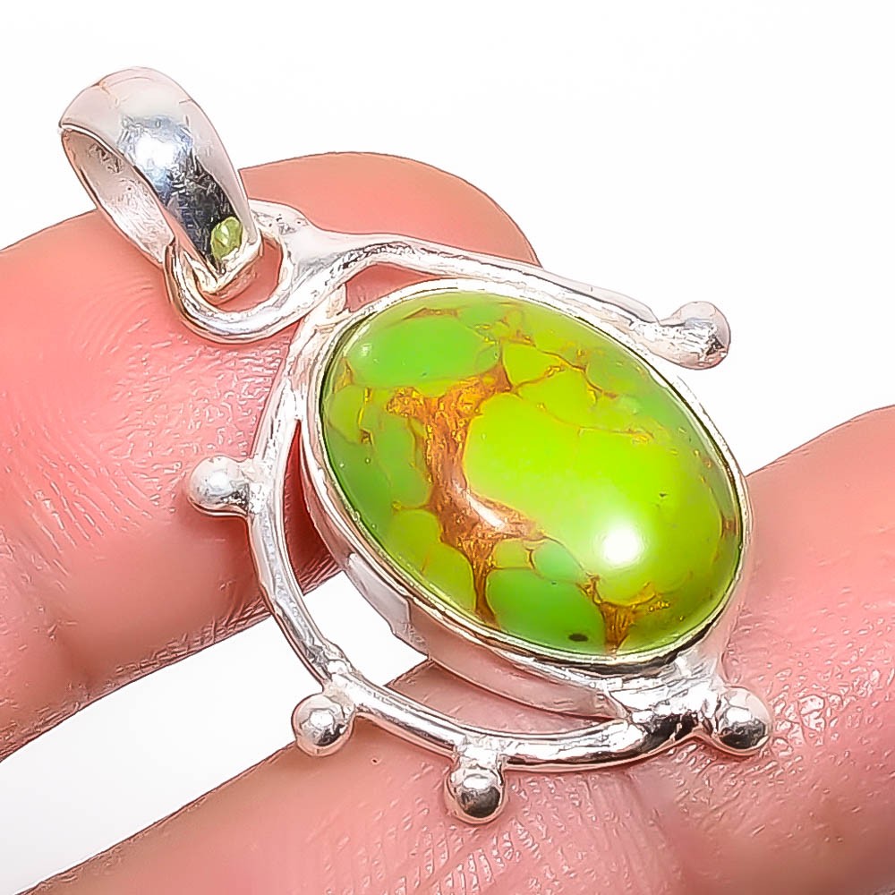 Copper Green Turquoise Gemstone 925 Silver Plated Pendant 1.37″ P7353-16