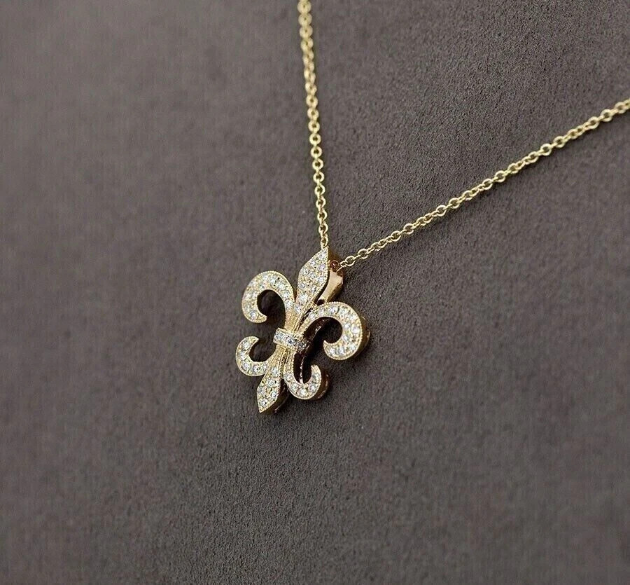 Women 1Ct Simulated Diamond Fleur-De-Lis Pendant Necklace 14K Yellow Gold Plated