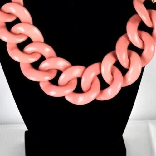 Statement Necklace Coral Orange Chunky Interlocking Plastic Beads Metal Chain