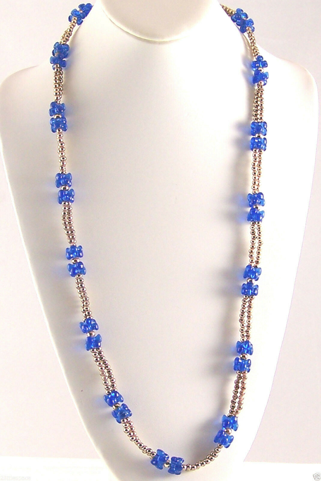 Vintage Necklace Art Bead Unique Plastic Royal Blue Goldtone 30″Inches Long