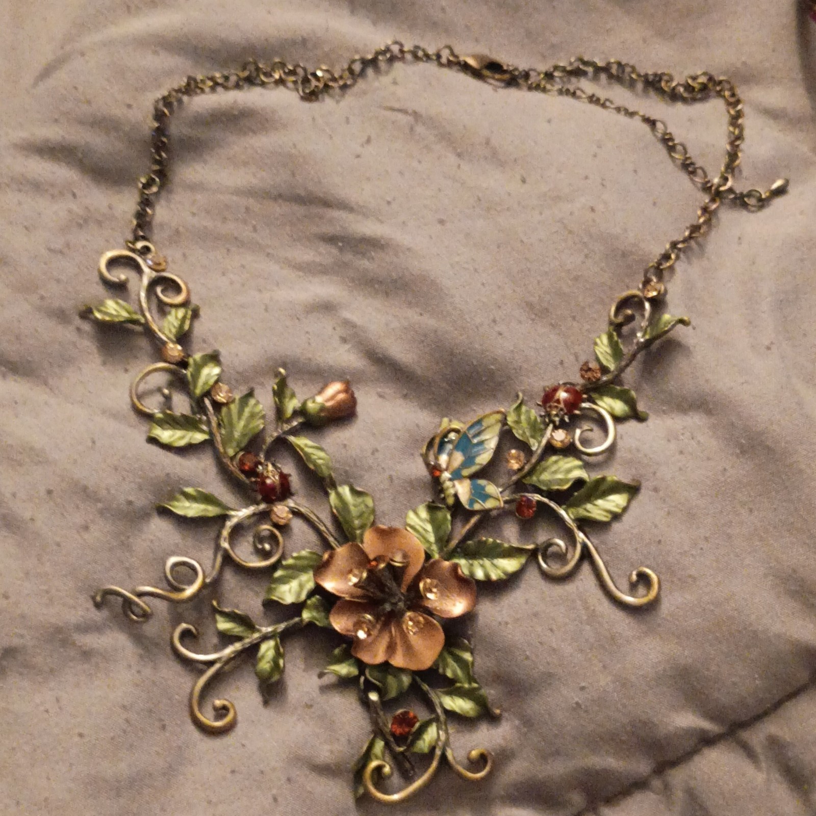 Gold Tone Floral Vine Statement Pendant Necklace, Crystal, Multicolor Cable