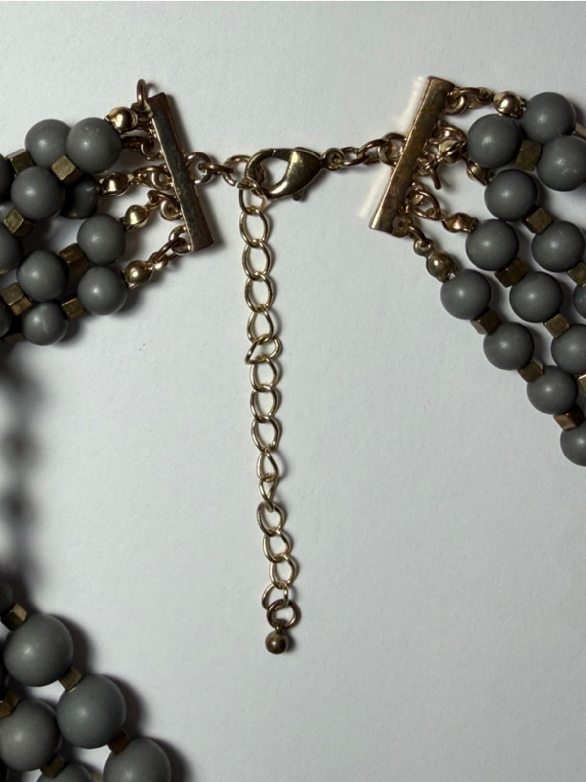 Boho Chunky Layered Gray Bead Statement Necklace W/ Gold Accents