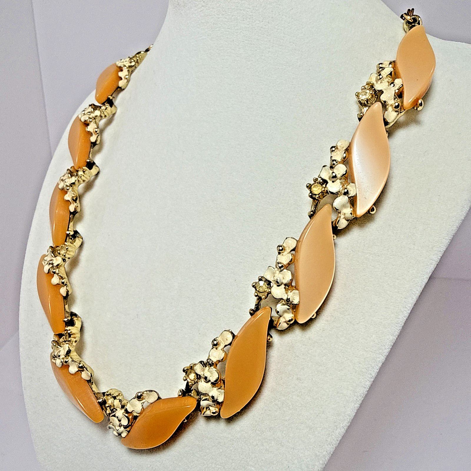 Vintage Mid Century Orange Thermoset Plastic Leaf Rhinestone Collar Necklace
