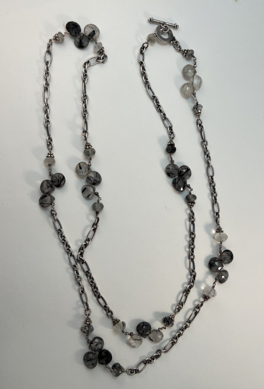 Silver Tone Black/Clear Rutilated Quartz Station Chain Necklace 46″