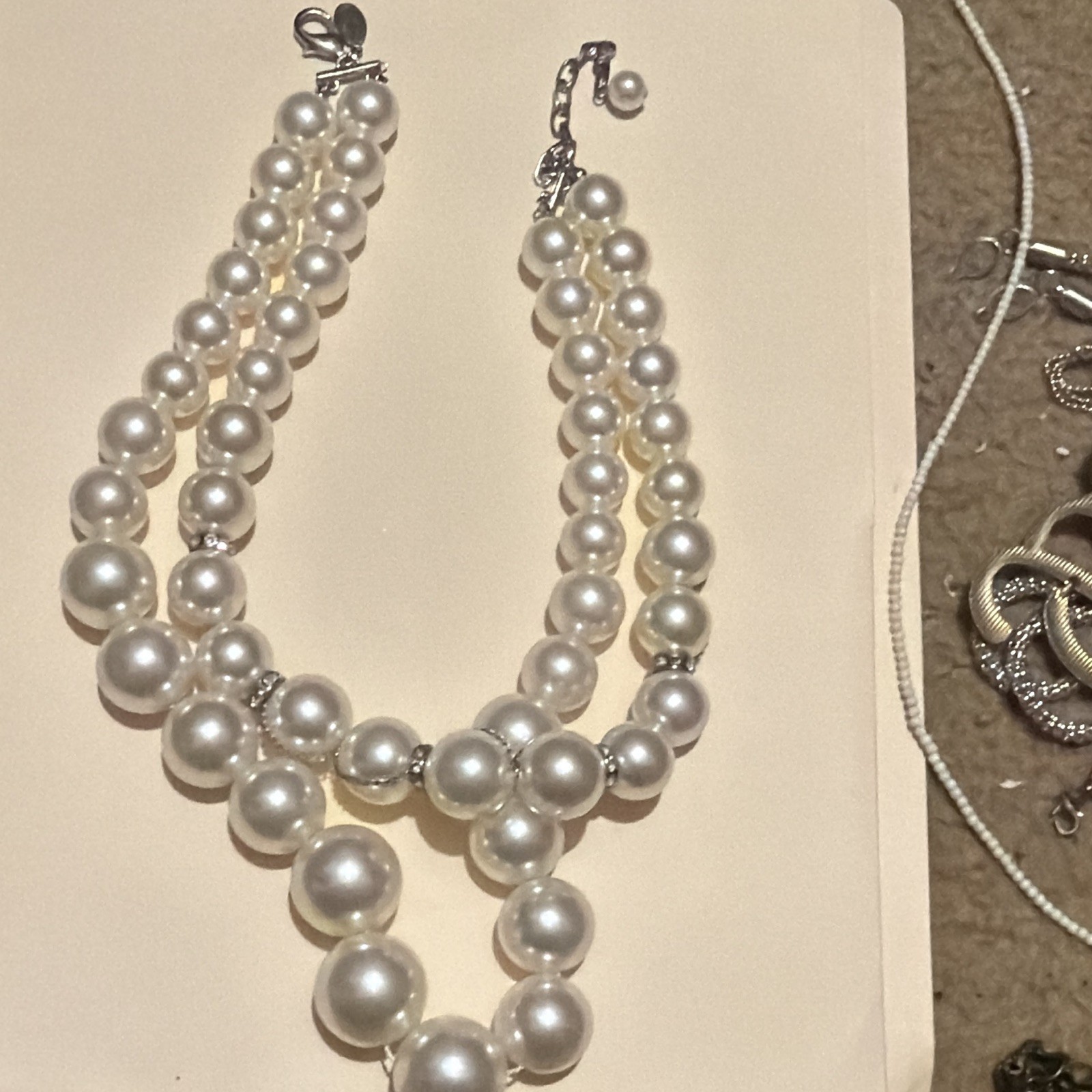 White Layered Imitation Pearl Beaded Statement Necklace w/ Rhinestone Toggle
