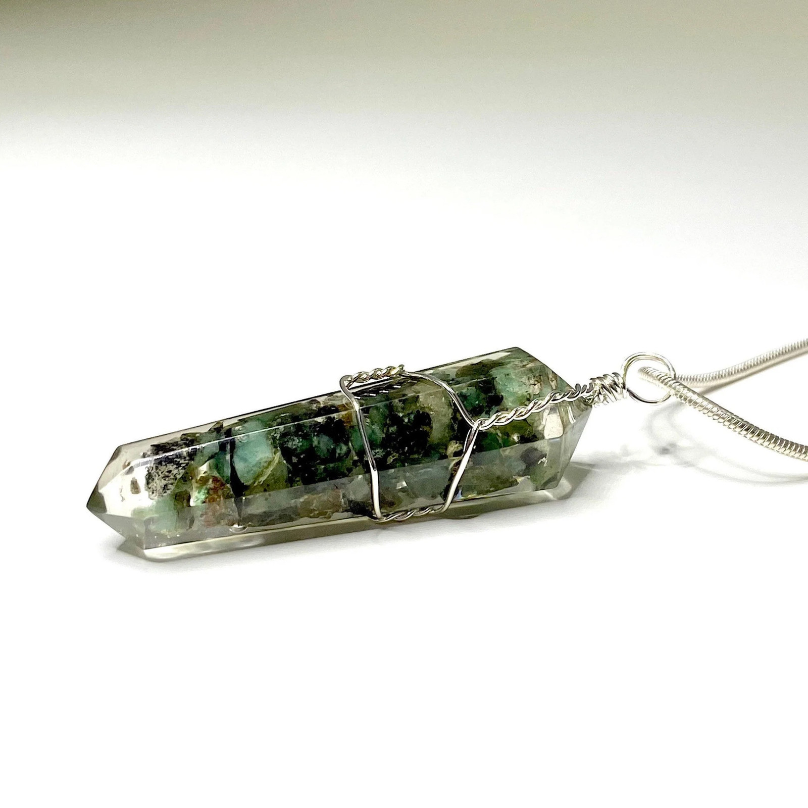 Emerald in Orgonite Wire Wrapped Pendant Necklace