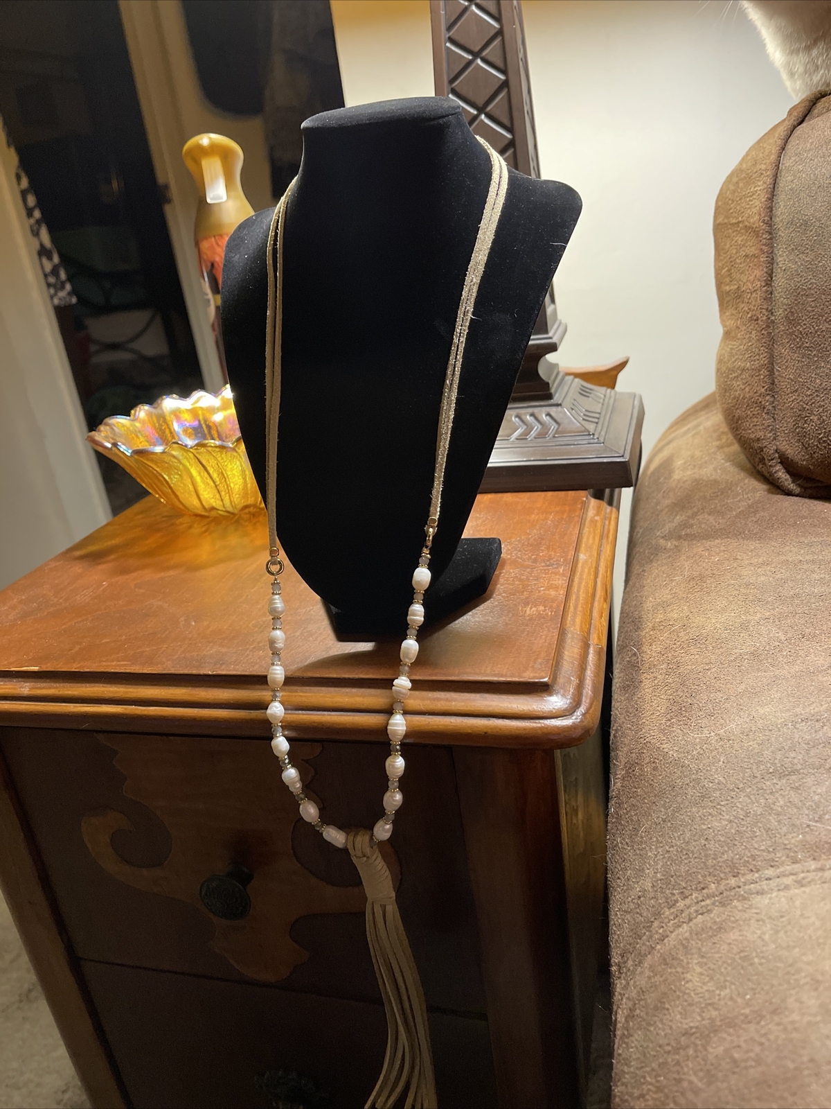 Pearl and suade necklace AB beads gold tone variable length Modernist