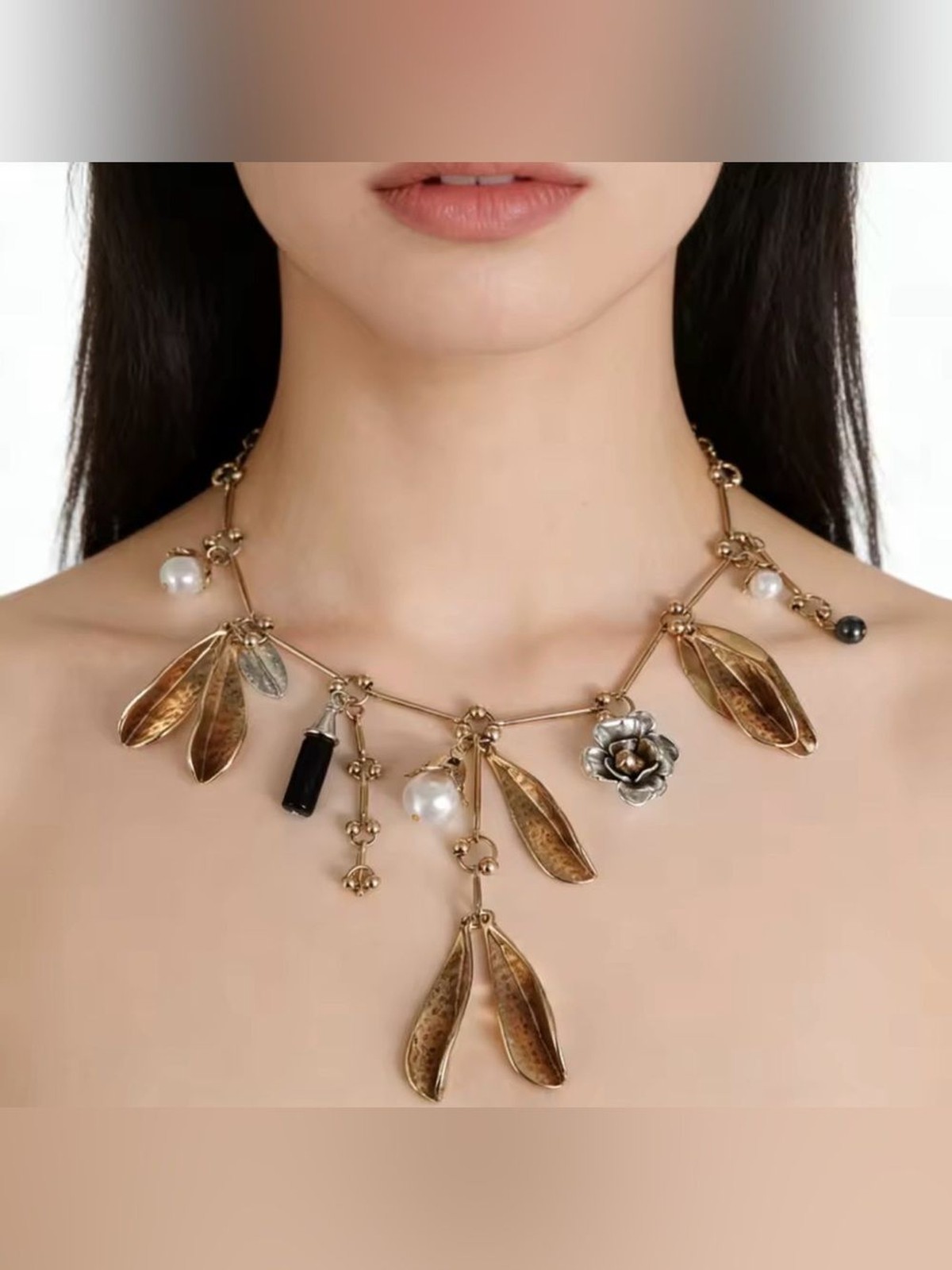 Artisan Charm Statement Necklace – Gold-Tone Leaves, Pearls & Floral Accents