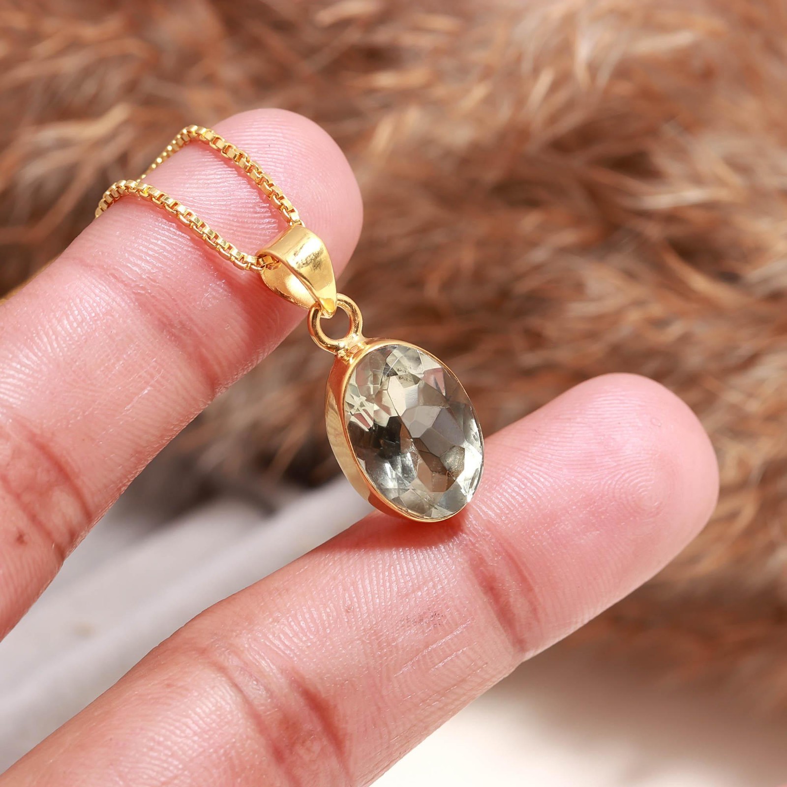 100%Natural Green Amethyst Oval Necklace Gold Plated 925 Sterling Silver Jewelry