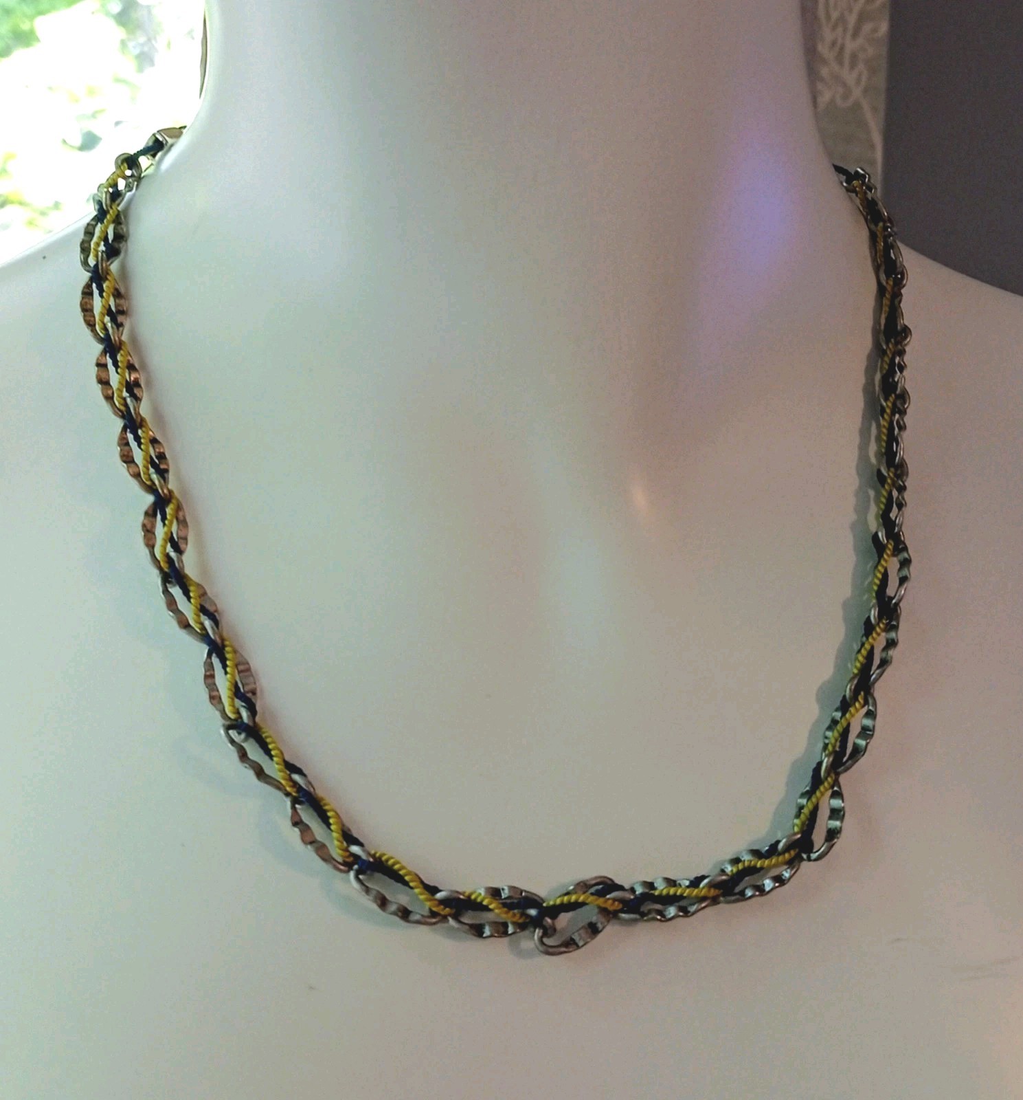 Chicos Silver Tone Oval Link Chain With Blue And Yellow Cord Woven Accent 18″
