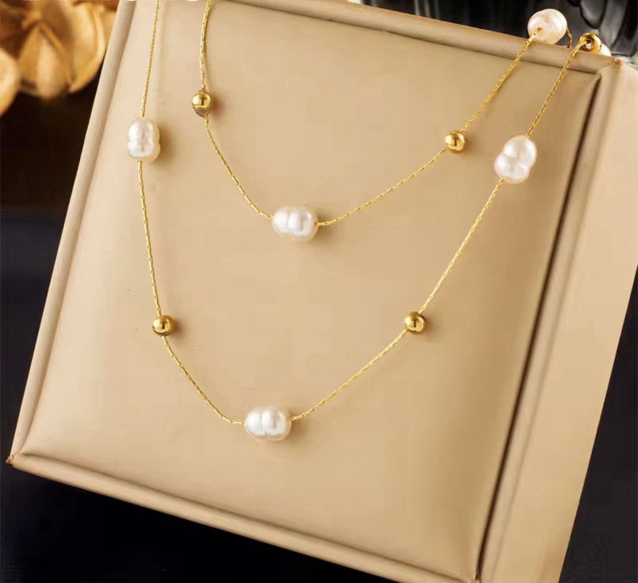 Layered Gold Plated Necklace with Baroque Pearls, Beaded Design, 40+5cm & 46+5cm