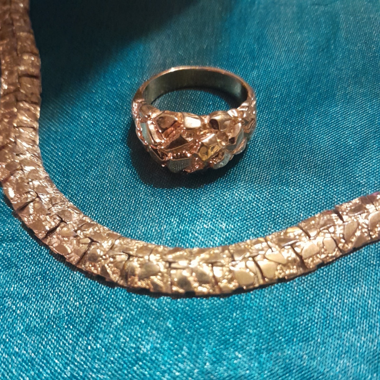 Long Golden Chain Necklace Textured Nugget Links Fold Over Clasp & Nugget Ring