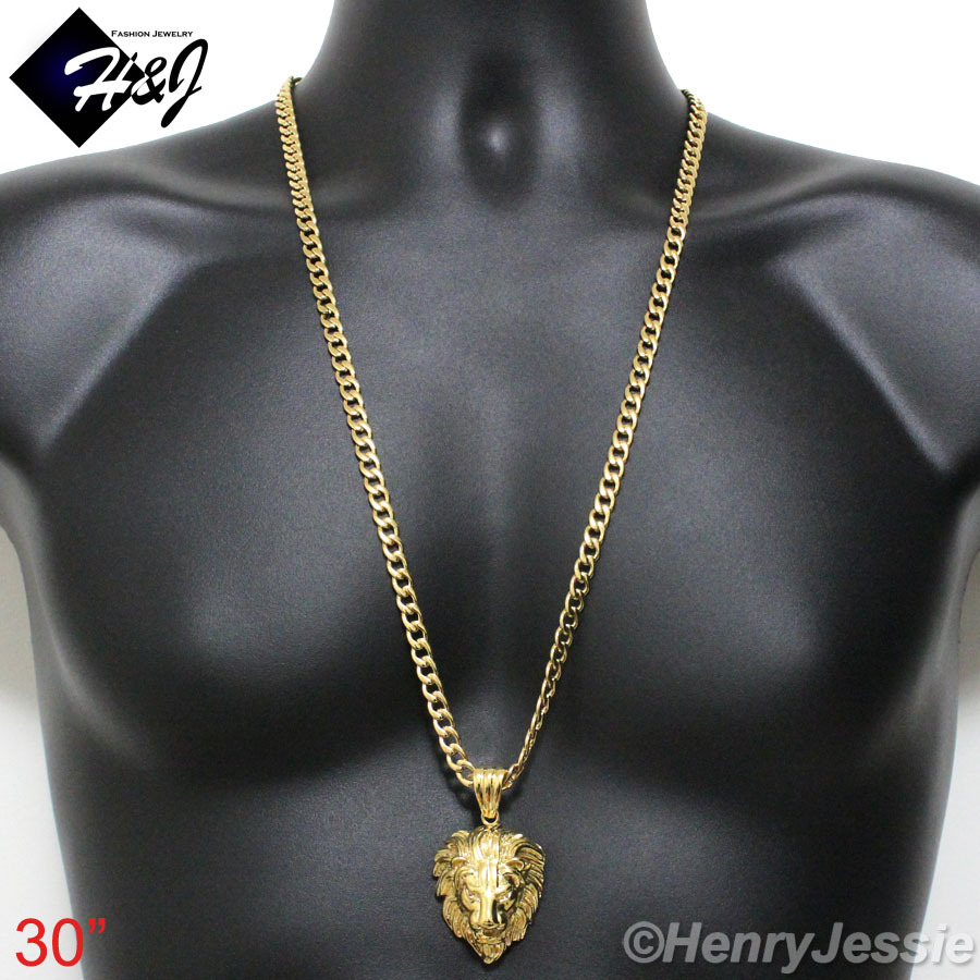 18-40″MEN Stainless Steel 7mm Gold Plated Cuban Curb Chain 3D LION Pendant*GP50