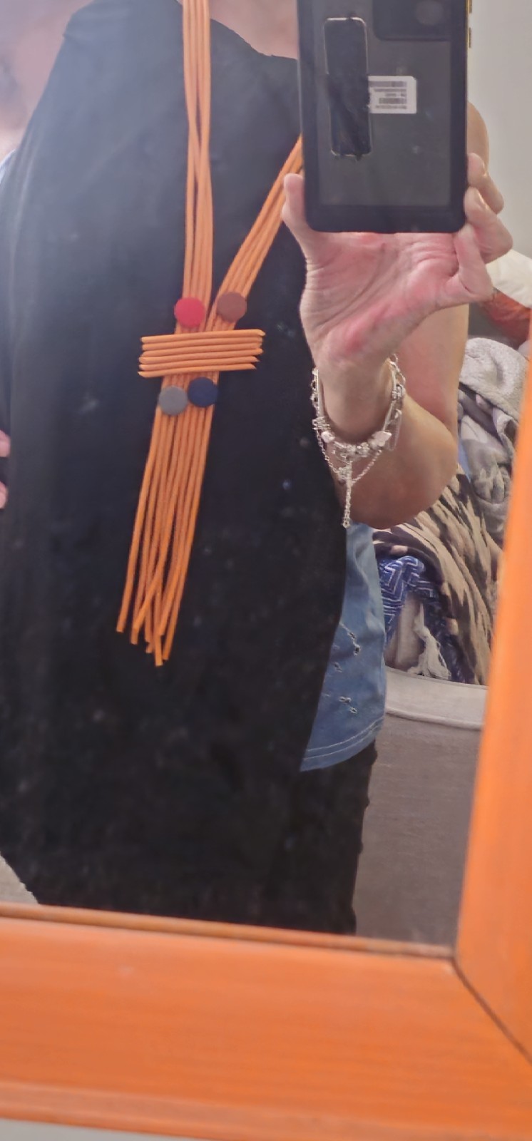 Orange Rubber Cord Pendant Necklace 24 in, 4 Round Beads, Art Charm