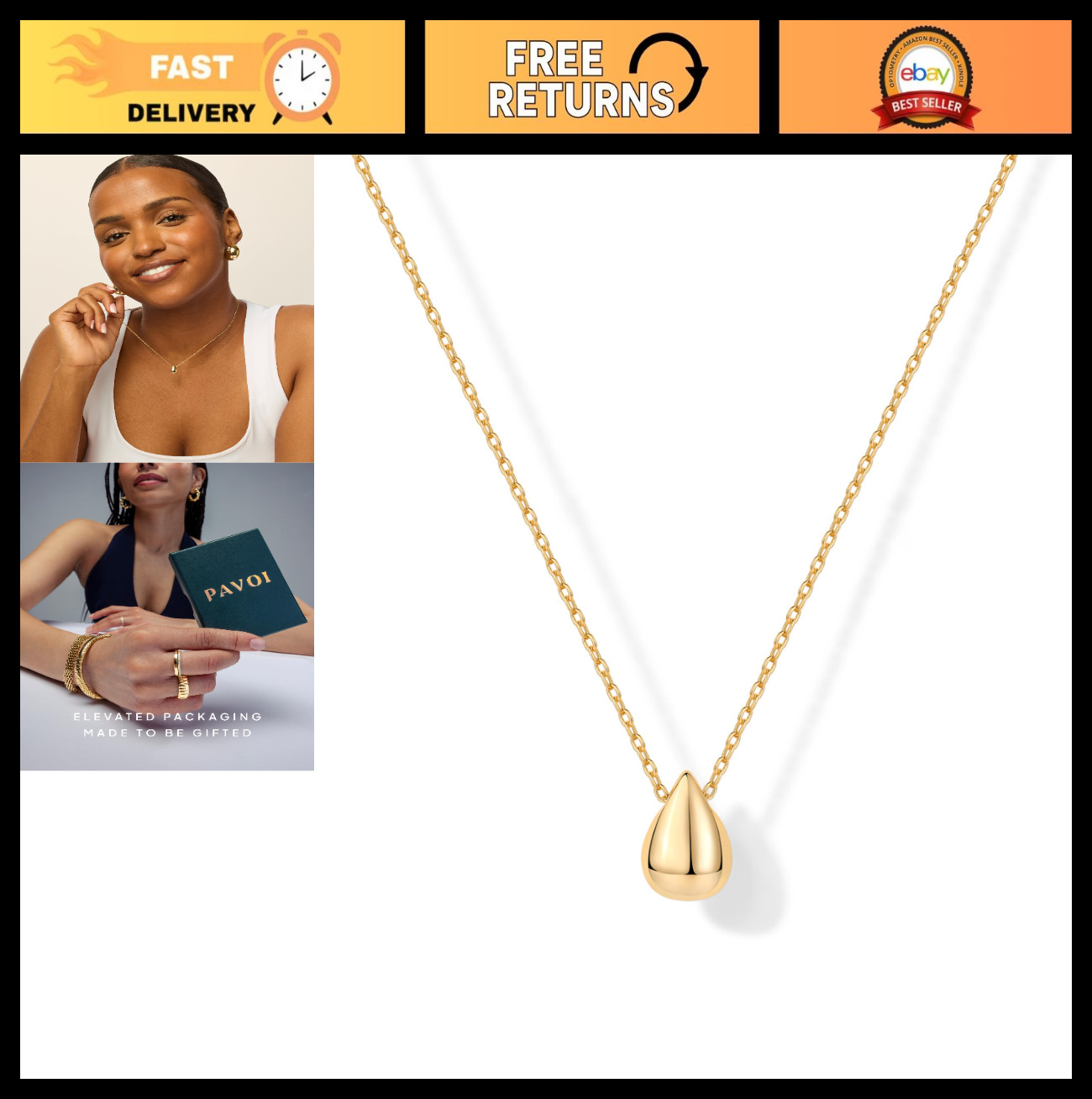 Dainty 14K Gold Plated Pear Pendant Necklace for Women | Elegant Tear Drop Jewel