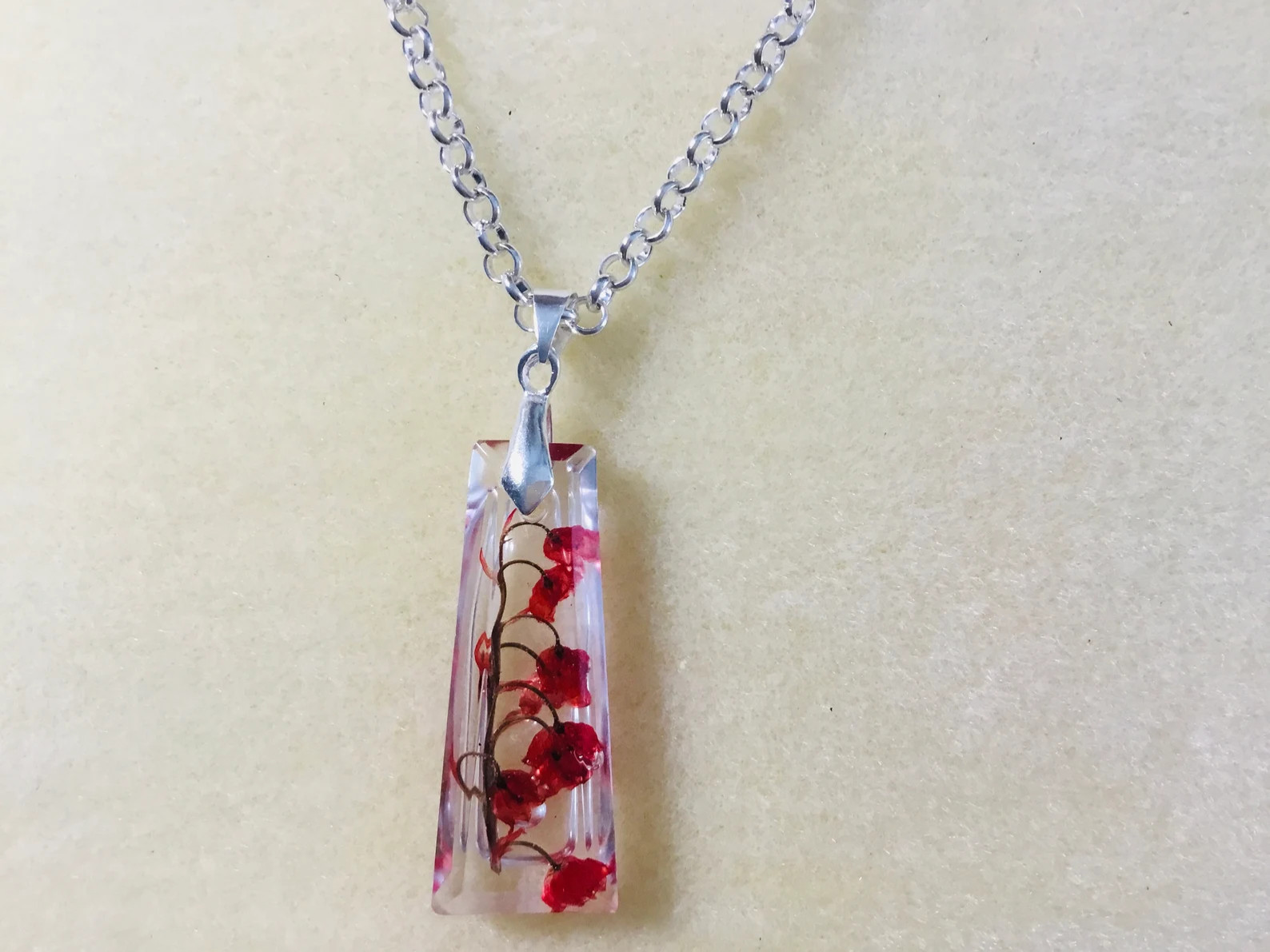 Lilies of the Valley Pendant Necklace, Red Floral Resin Jewelry, Real Flowers