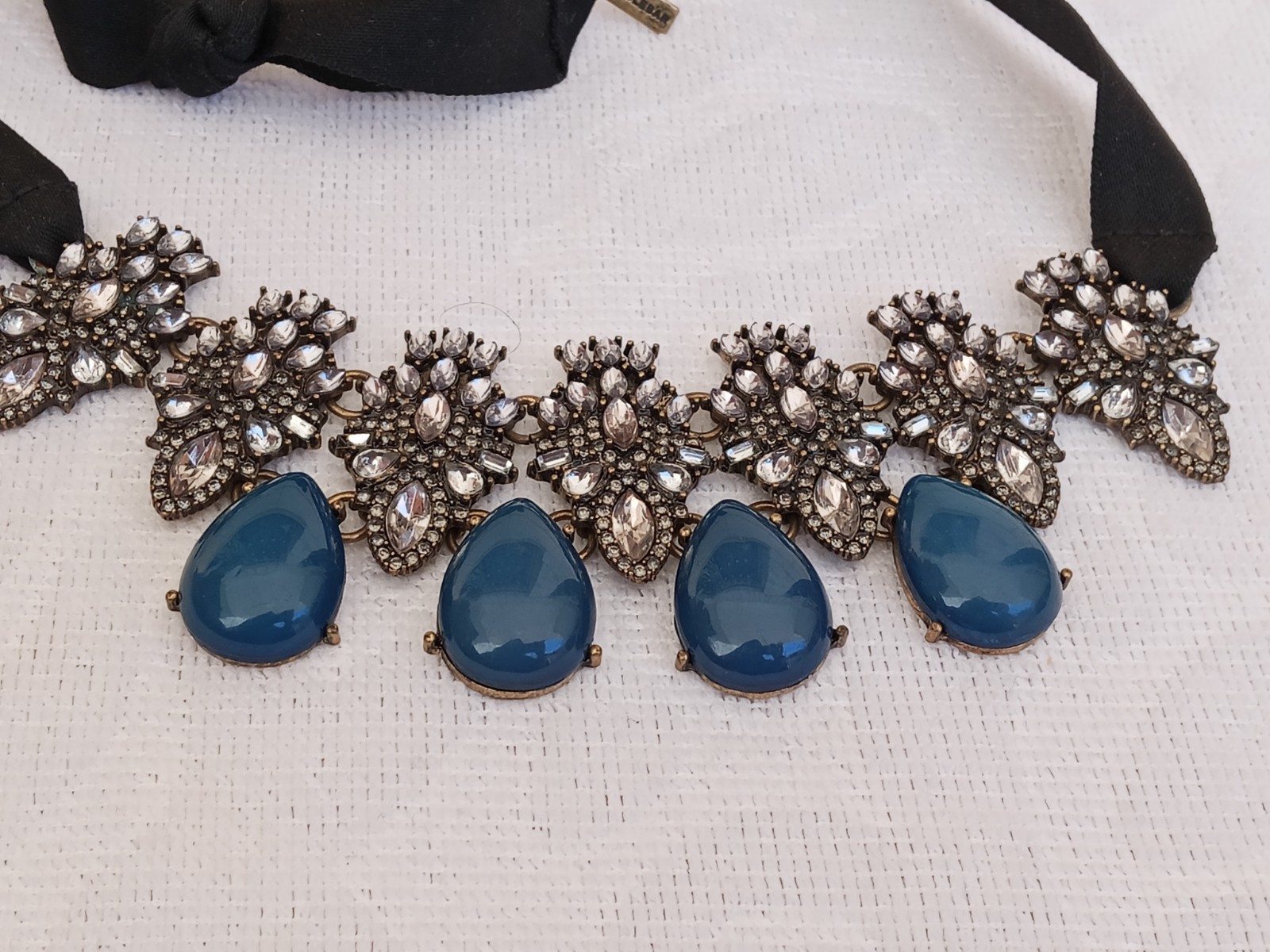 BaubleBar Blue Teardrop Gemstone Rhinestone Black Ribbon Tie Statement Necklace