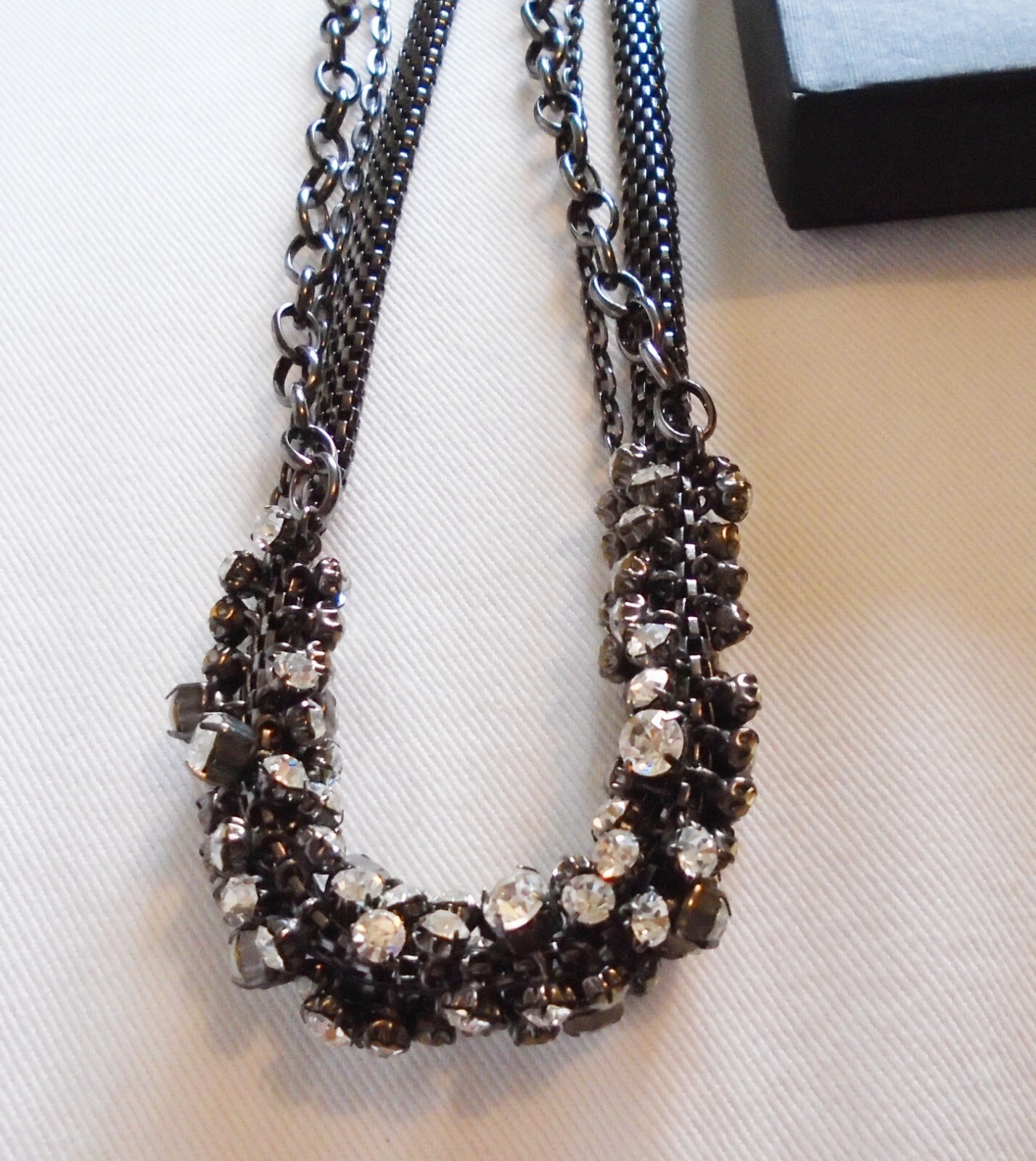 Jaeger London Sparkle Tubular Statement Necklace crystal grey chains signed vgc