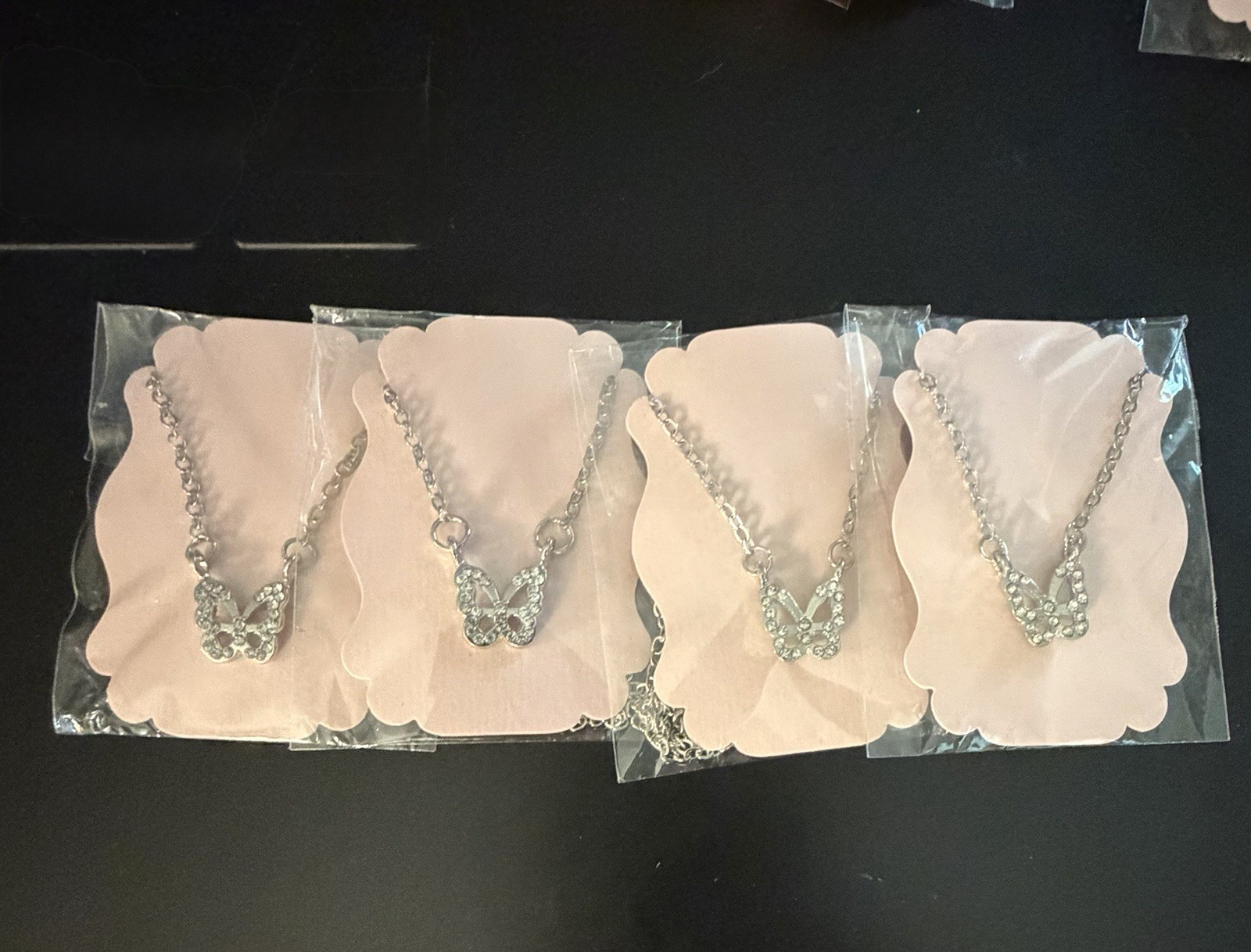Multiple Lots Of 4 Silver Tone Necklace with Clear Rhinestones Butterfly 16”