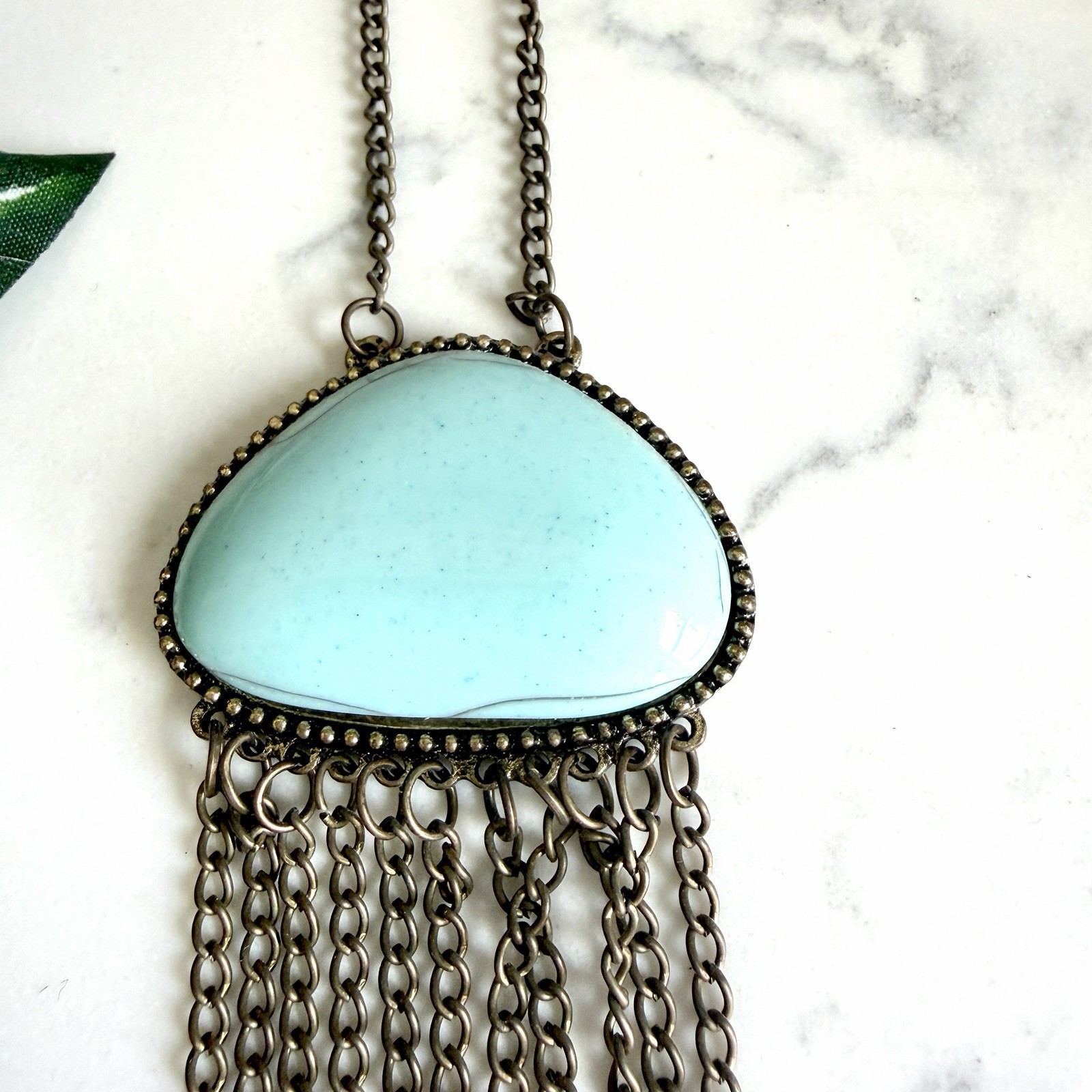 Blue Stone Long Fringe Necklace Western Bohemian PREOWNED Jewelry