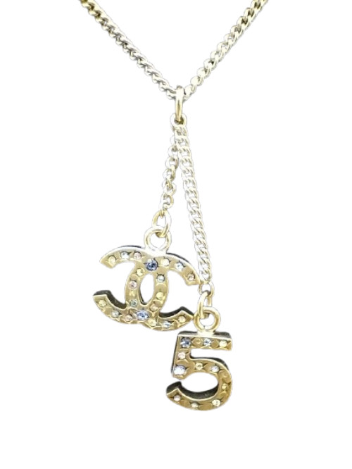 Auth CHANEL No.5 Coco Mark Necklace Accessory Rhinestone Metal Made in Italy