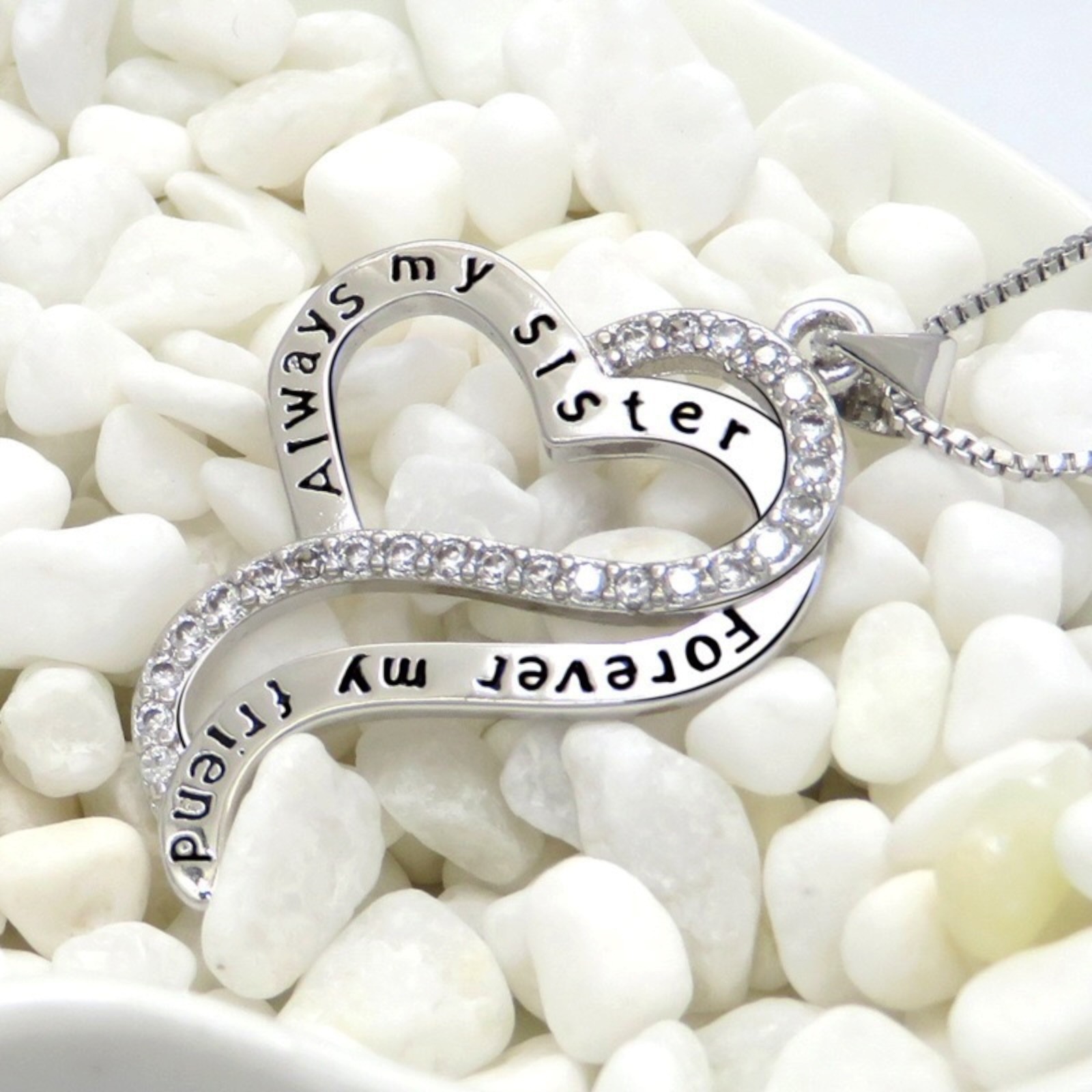 Always My Sister Forever My Friend Love Heart CZ Pendant Necklace Jewelry B14