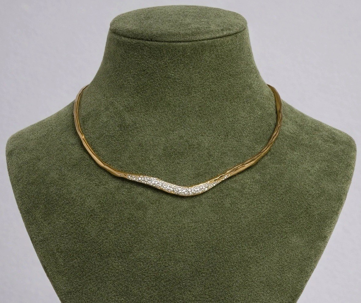 Solanales Crystal Molten Necklace Pavé Collar Gold Chain Irregular Boho CZ VTG
