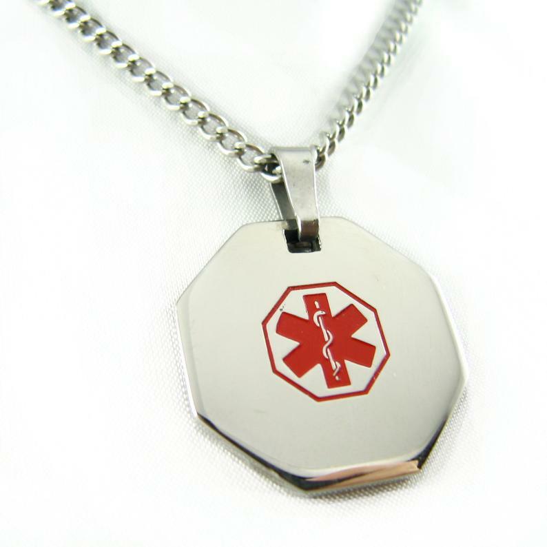 Medical Alert ID Pendant Necklace Stainless Steel Custom Engraved Red 27in Chain