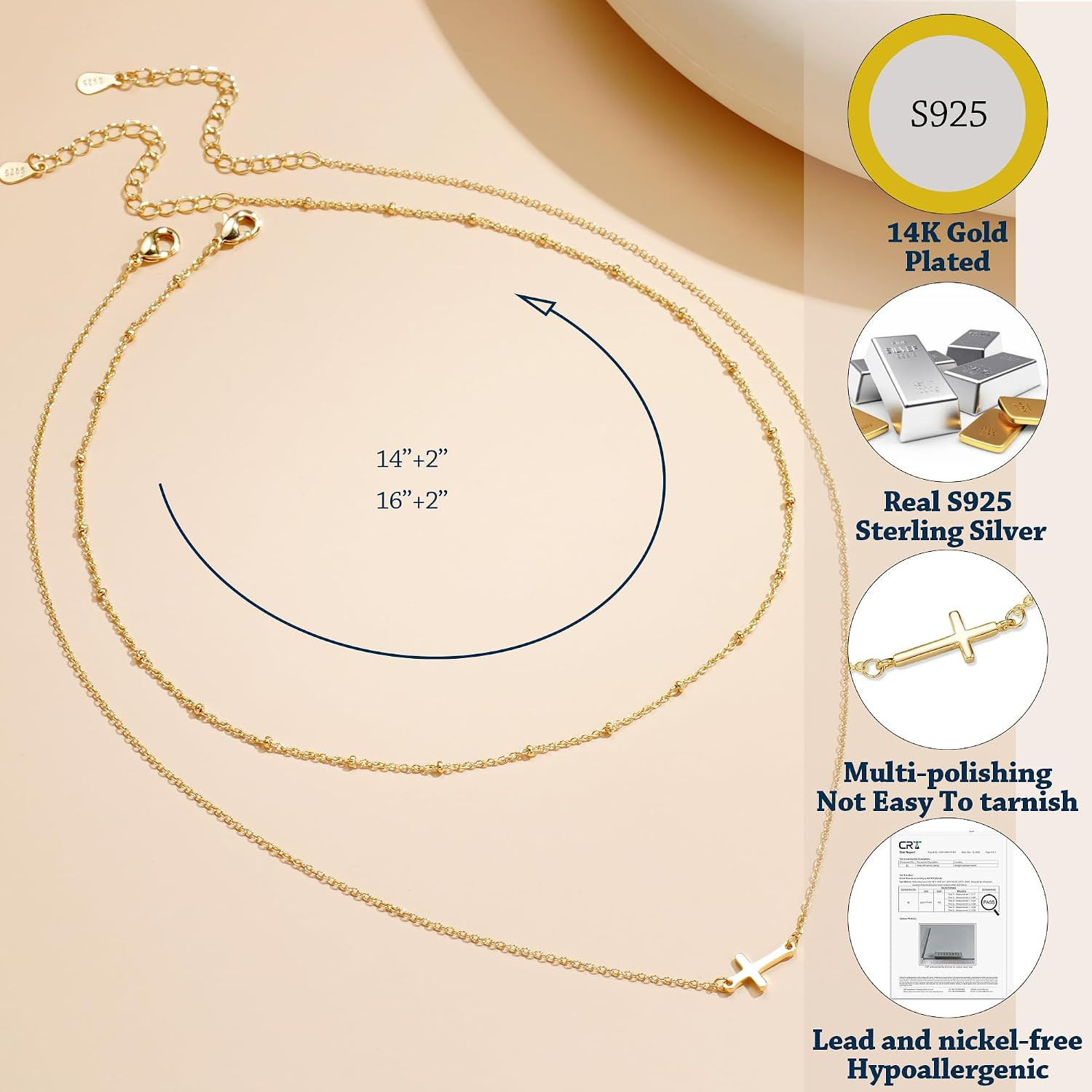 14K Gold Layered Cross Necklaces for Women,Tiny Small Sideways Cross Necklace Mi