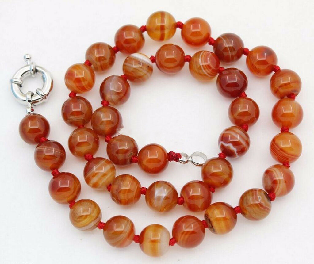 10MM Natural Red Stripe Agate Onyx Gems Round Beads Necklace 18″ AAA