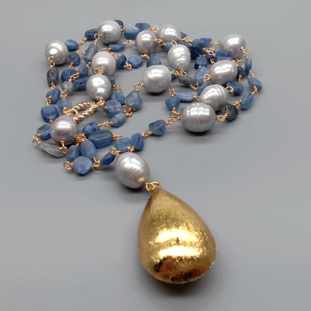 Blue Kyanite Gray Rice Pearl Necklace Teardrop Brushed Gold Plated Pendant 21″