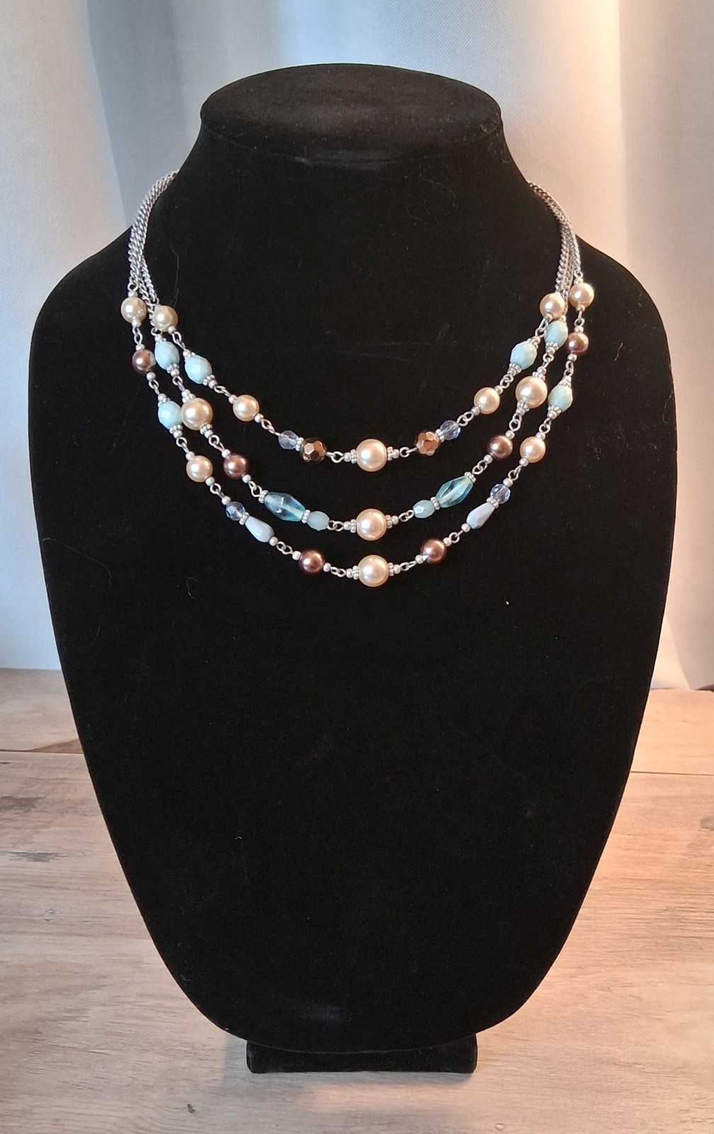 Premier Silver Tone Cable Chain Necklace Simulated Pearl Crystal Blue Beads