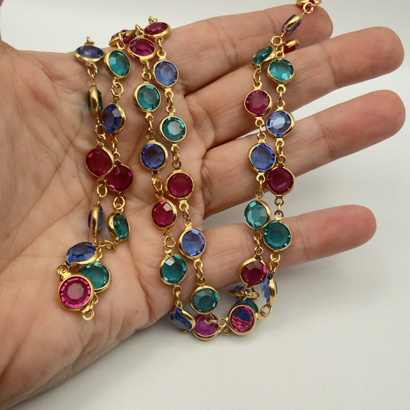 Swarovski Crystal Station Necklace 32in Endless Multicolor Gold Tone Signed Long