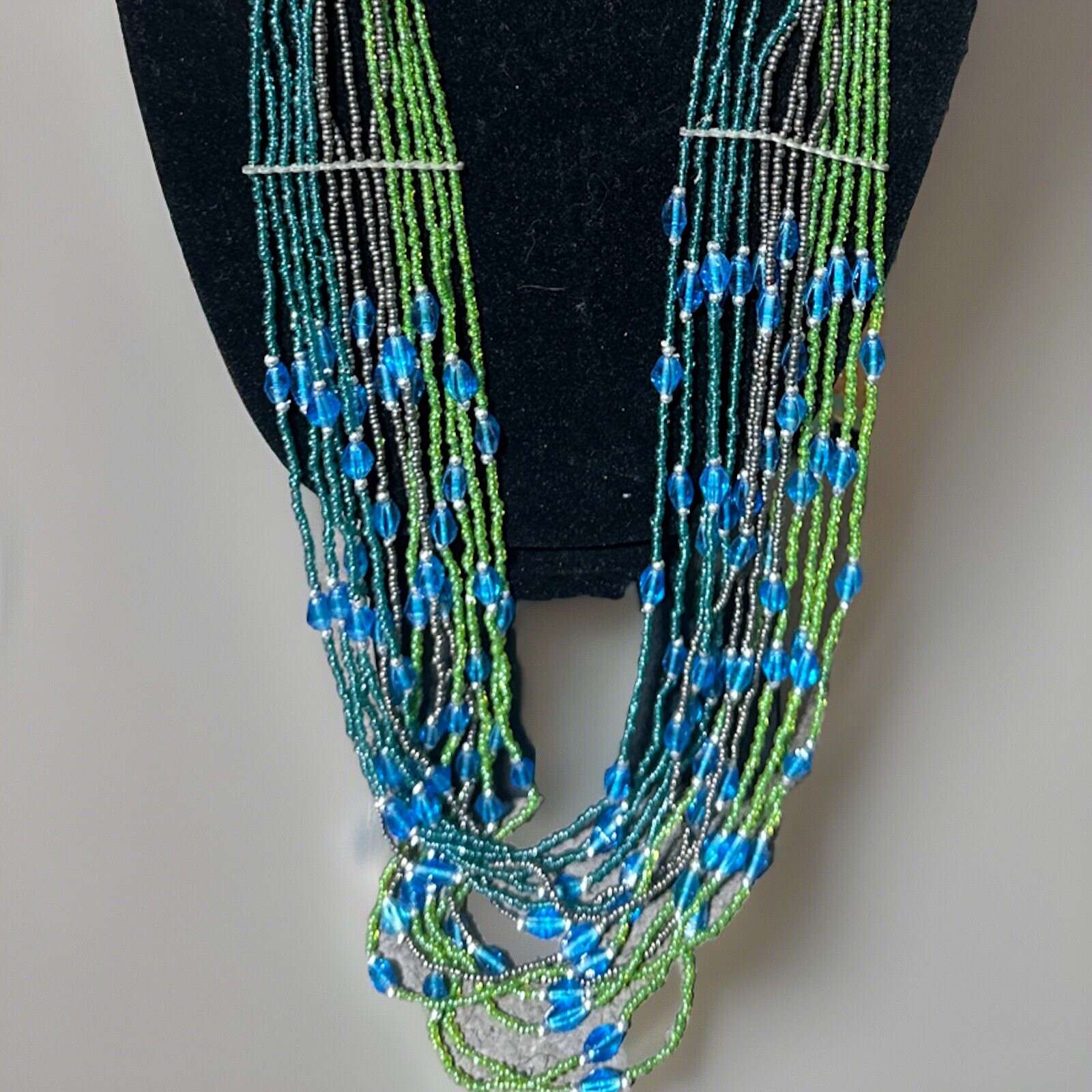 Seed Bead Multi Layered Necklace Large Statement Bohemian Blue Silver Color 40″